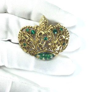 Vintage Victorian Revival Unisex Gold Filigree Crown Brooch Green Rhinestones